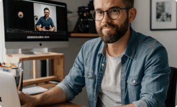 CONTENT CREATOR sitting at a desk with his Mac 1